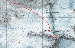 Kort over ruten op over Vermuntgletscher til toppen af Dreiländerspitze