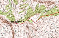 Kort over ruten forbi Guadalupe Peak Campground til toppen af Guadalupe Peak