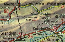 Oversigtskort over en del af Solothurner Jura med ruten til toppen af Hasenmatt indtegnet