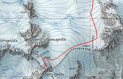 Kort over ruten op over Jamtalferner til toppen af Hintere Jamspitze