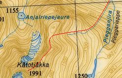 Kort over ruten fra lejrpladsen ved Piegganjira og over Kåtotjåkka NE-grat