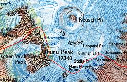 Kort over ruten over Western Breach til toppen af Uhuru Peak samt en del af nedstigningen mod Kibo Hut