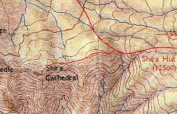 Kort over ruten over Shira Plateau og til toppen af Shira Cathedral