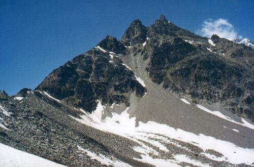 Unter Gabelhorns toptårne set fra Hüenerchnubel (2900m) den 10.07.85