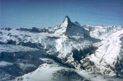 Unterrothorn med Matterhorn i baggrunden set fra toppen af Oberrothorn (3415m) den 19.02.92