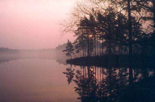 Solopgang over Abborrsjön, set direkte fra vindskyddet.