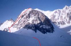 Ruten op over E-flanken til toppen af Aiguille de Toule set fra Col des Flambeaux (NE)