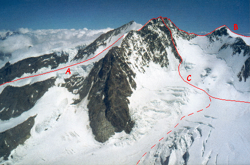 Dufourspitze med Nordend til højre og Zumsteinspitze til venstre, set fra toppen af Liskamm