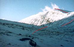 Ruten til toppen af Kieron set fra Tjåmuhasjåkka