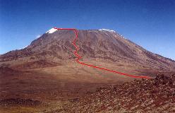 Nedstigningsruten fra Uhuru Peak over Gilman's Point og ned til sadlen mod Mawenzi set fra sydskråningen på Middle Red Hill