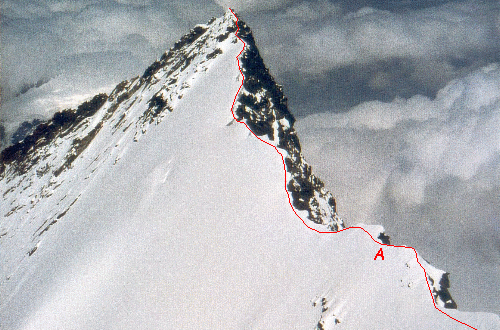 Nordends lange og vægtede S-grat set fra toppen af Dufourspitze