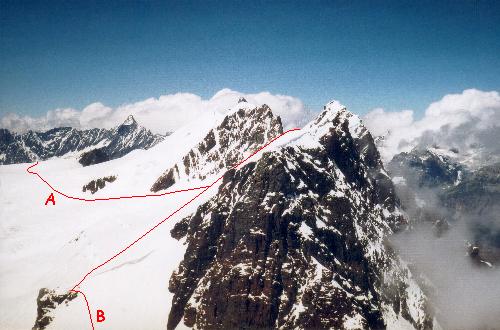 Roccia Nera med de øvrige Breithorn-toppe i baggrunden, set fra Pollux