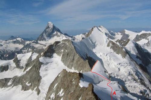 Trifthorn med Matterhorn og Ober Gabelhorn i baggrunden set fra toppen af Zinalrothorn