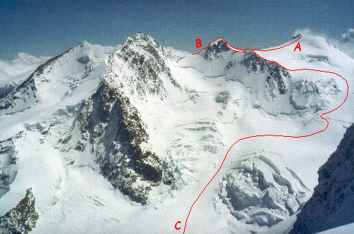 Nordend, Dufourspitze, Zumsteinspitze og Signalkuppe, set fra toppen af Liskamm