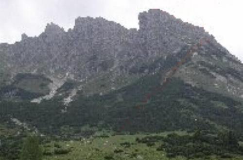 Ruten til toppen af Taghaube set fra Erichhütte (1545m)